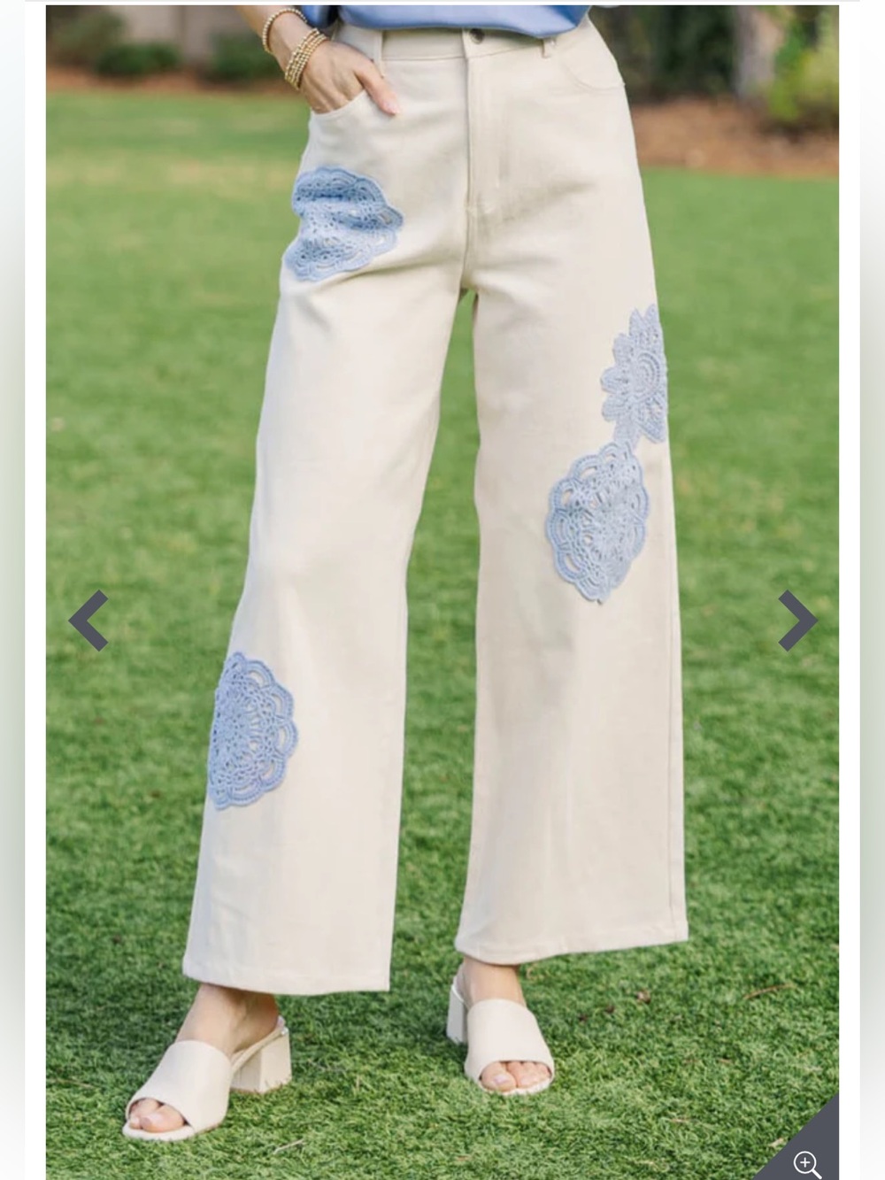 High Waisted Cream Wide Leg Jeans with Blue Crochet Appliqué size S small